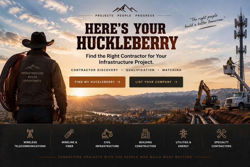 Here's Your Huckleberry infrastructure contractor discovery platform featuring telecommunications, civil construction, utilities, and specialty contractor imagery.